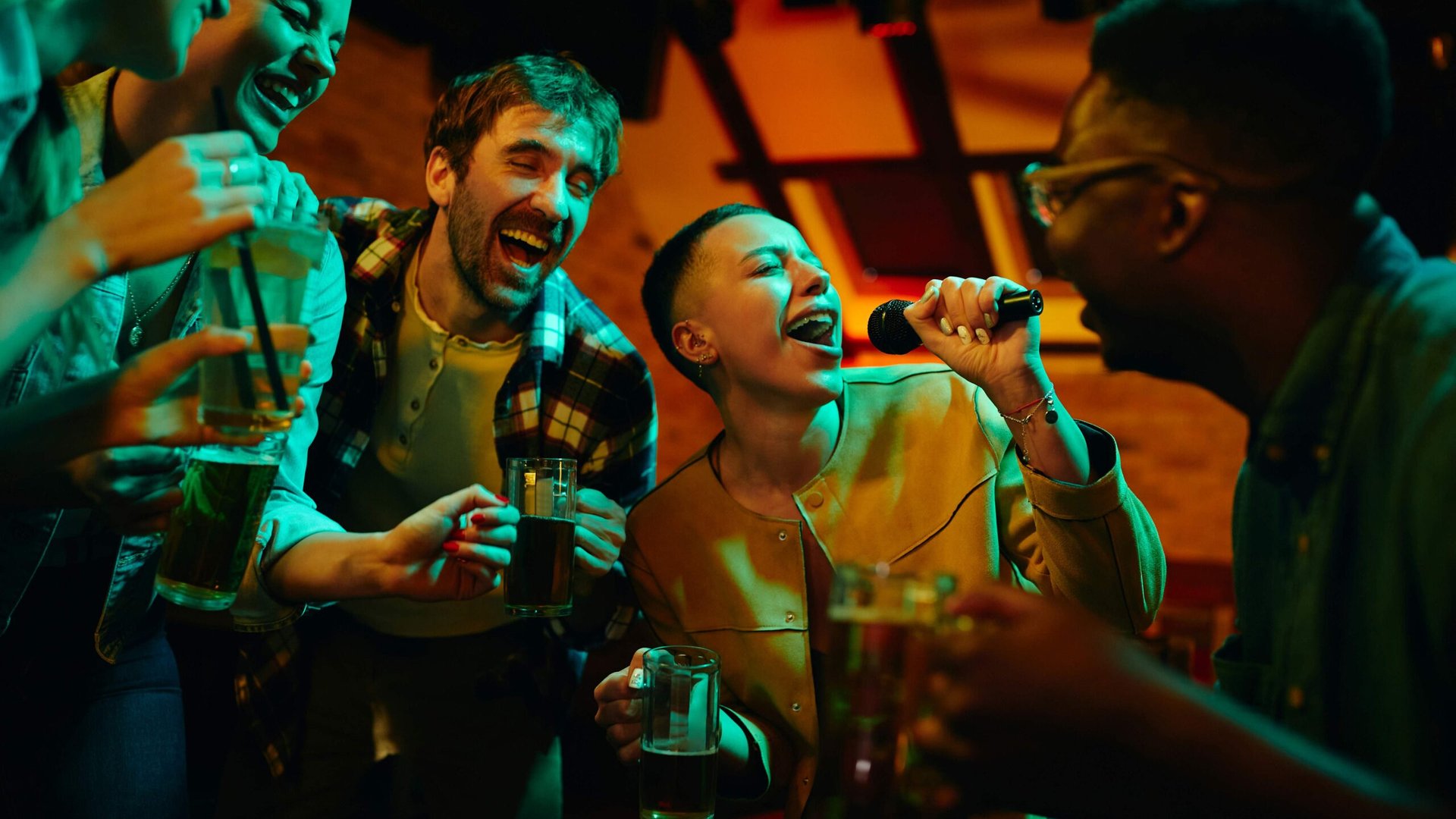 Vibrant karaoke venue with neon lights