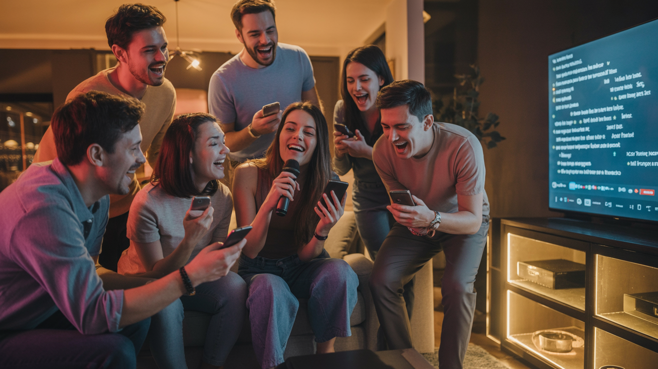 Crowd of singers at a vibrant karaoke night